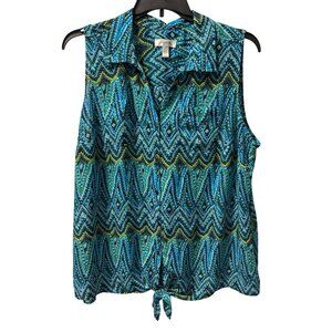 Dressbarn Blouse Sz 2X Sleeveless Button-Down Shirt Blue & Green Geometric Print